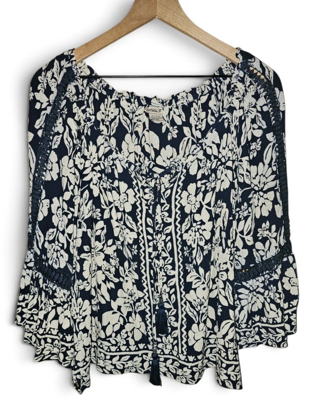 LOLA P. Navy Floral Crochet Detail Tie Neck Peasant Top - Small